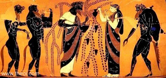 Dionysus, Ariadne & Satyrs | Attic bilingual vase painting