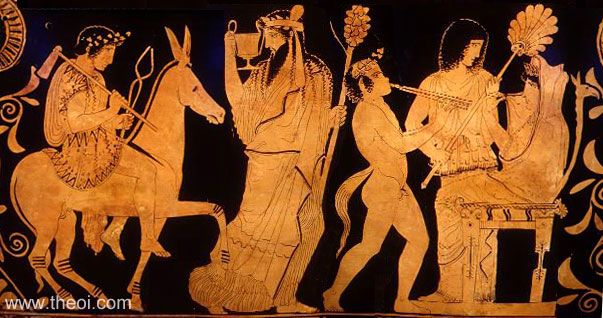 Return of Hephaestus to Olympus, with Dionysus & Hera | Greek vase, Athenian red figure skyphos