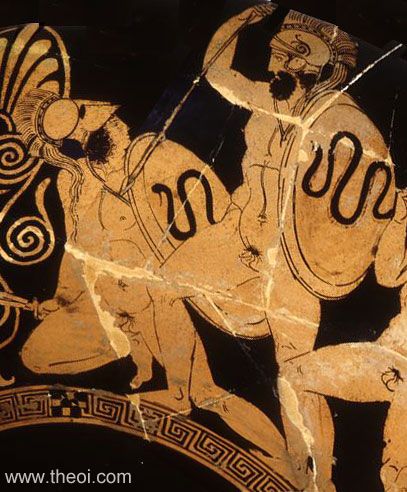 Ares and the giant Mimon | Athenian red-figure kylix C5th B.C. | Antikensammlung Berlin