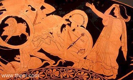 Three-bodied Geryon and Callirhoe | Athenian red-figure kylix C6th B.C. | Staatliche Antikensammlungen, Munich