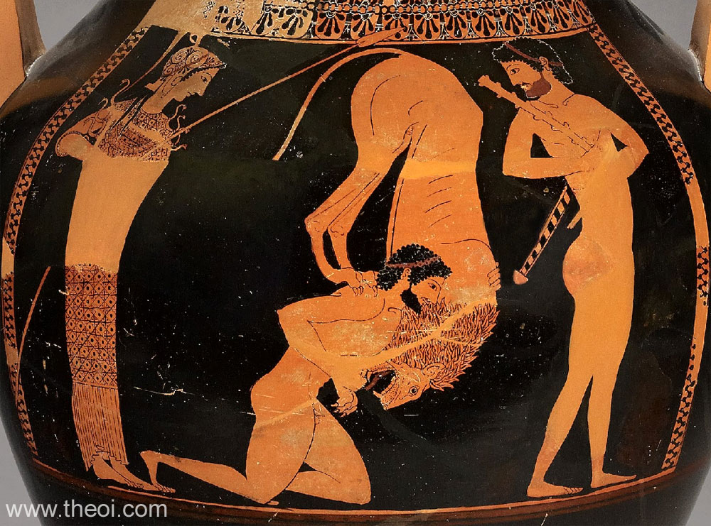 Heracles & Nemean Lion | Attic bilingual vase painting