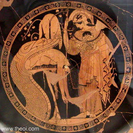 Colchian Dragon disgorging Jason | Athenian red-figure kylix C5th B.C. | Gregorian Etruscan Museum, Vatican Museums