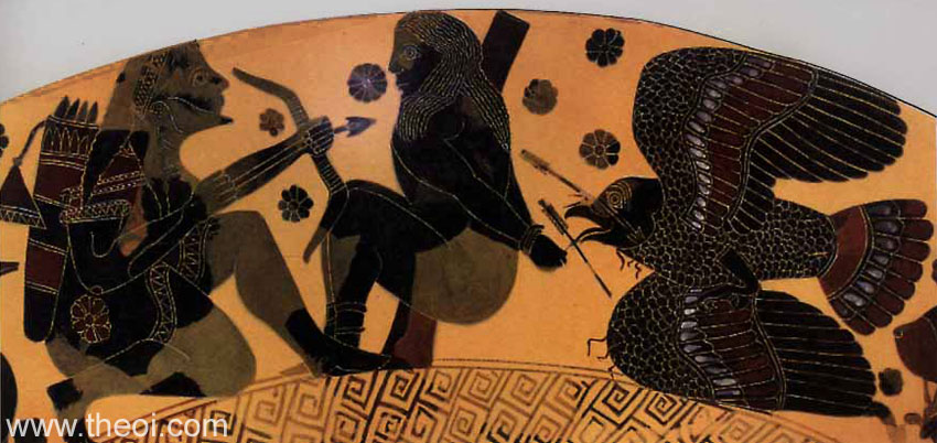 Heracles, Prometheus & Eagle | Attic black figure vase painting