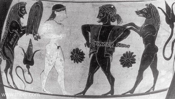 Circe, Odysseus and his transformed men | Pseudo-Chalcidian black-figure vase C6th B.C. | Private Collection
